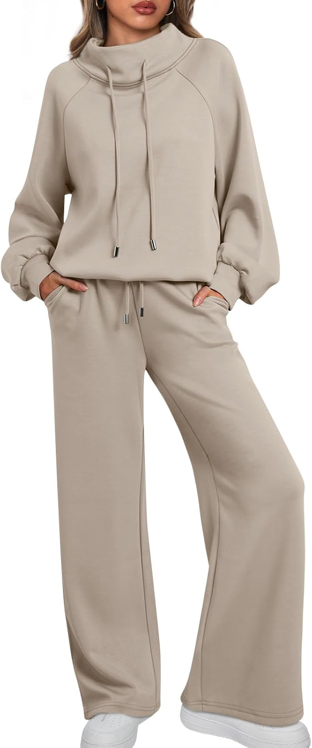 Women lounge set sweatsuit 2-piece drawstring sweatshirt wide leg sweatpants set