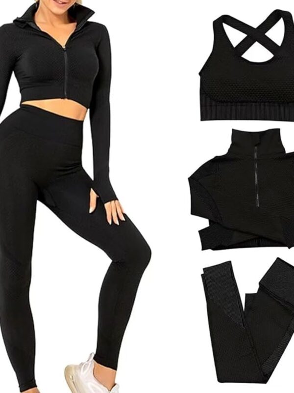 Women 3 PC Seamless Gym Clothing Workout Outfit with Jacket Bra & Leggings Set
