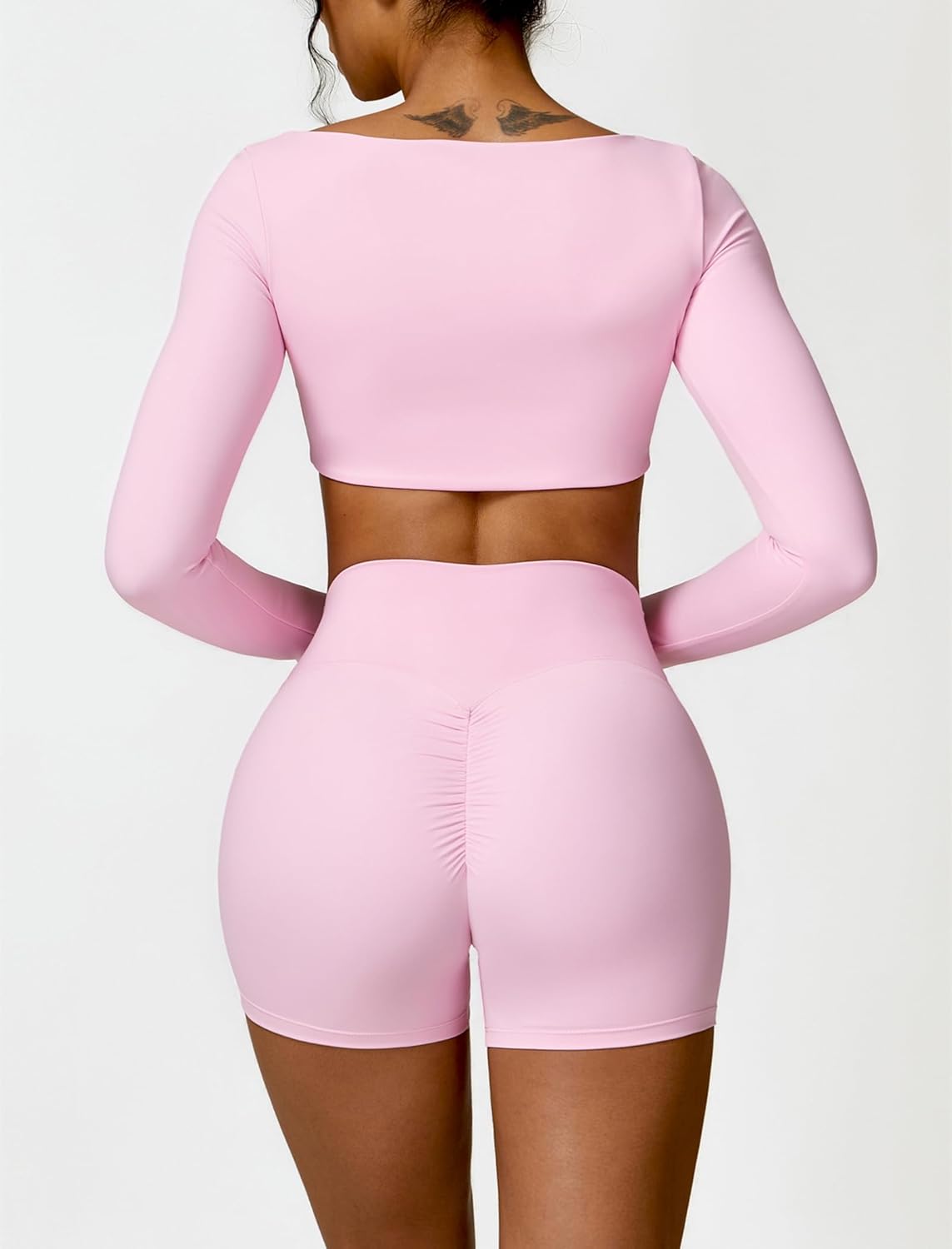 Workout Sets for Women 2 Piece Square Neck Long Sleeve Crop Tops High Waist Biker Shorts Gym Sets - Image 2