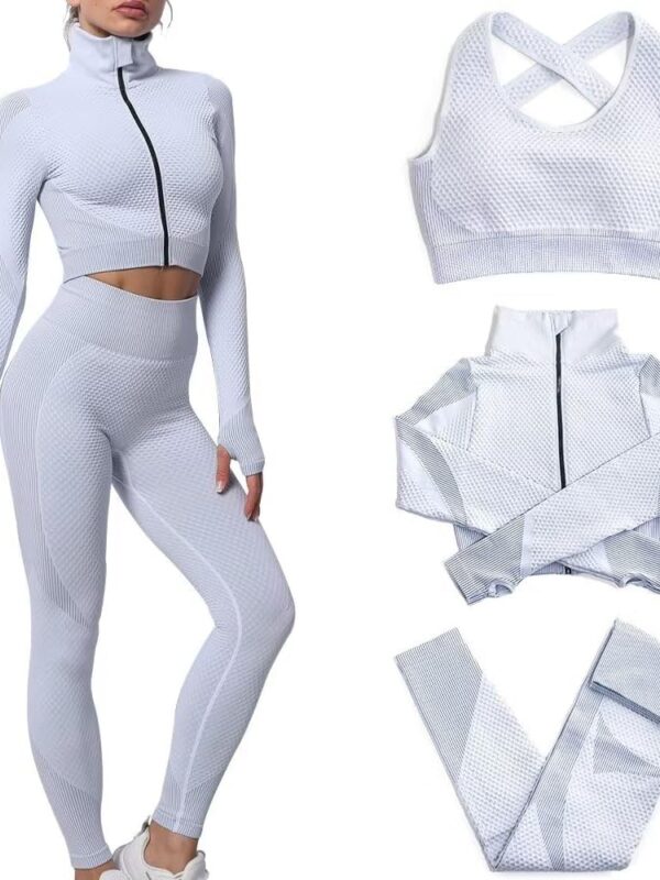 Women 3pcs Seamless Workout Outfits Sets, Yoga Sportswear Tracksuit Leggings and Stretch Sports Bra Fitness
