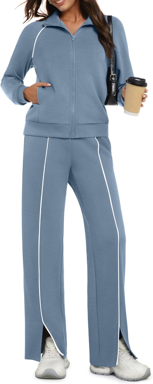 Women 2-piece outfit zip sweatsuit lounge set wide leg pants striped tracksuit
