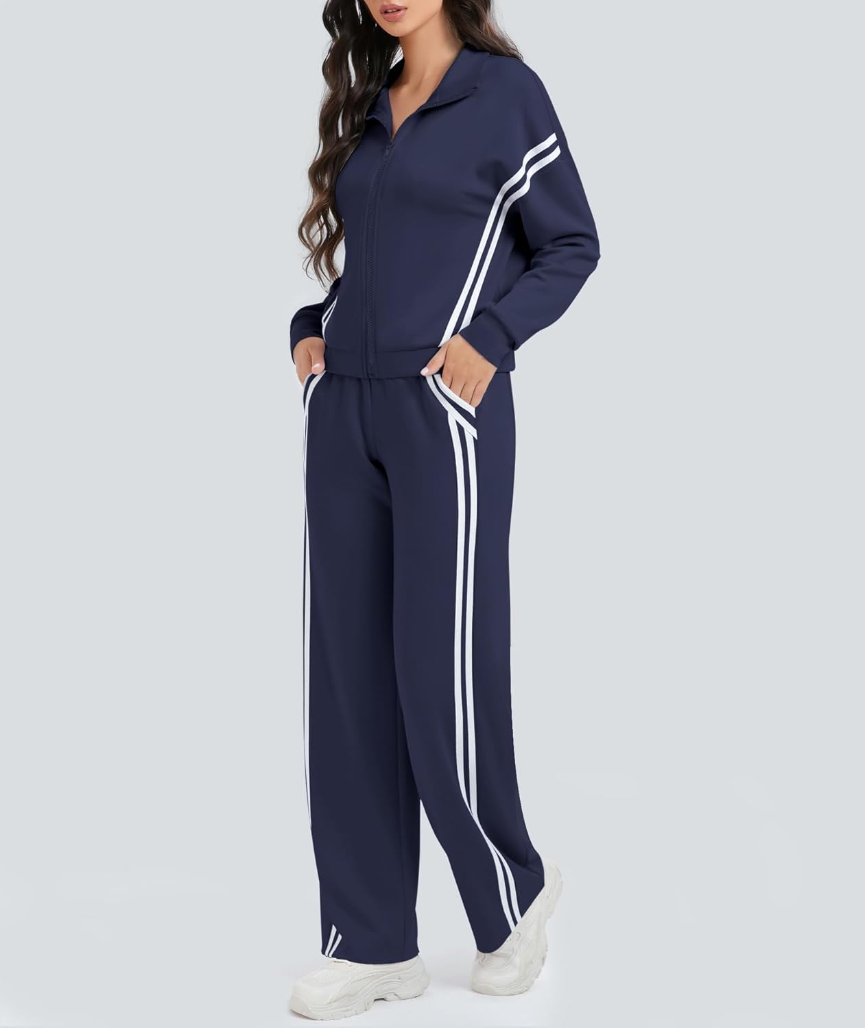 Women 2-piece lounge set zip sweatshirt striped wide leg jogger pants tracksuit - Image 2