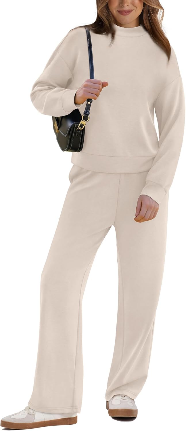 Two-piece set fall lounge outfit mock neck top wide leg pants travel set - Image 2