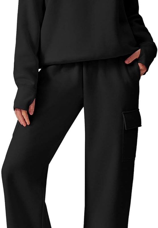 2-piece set fleece sweatsuit sweatshirt wide leg cargo sweatpants with pockets thumbhole