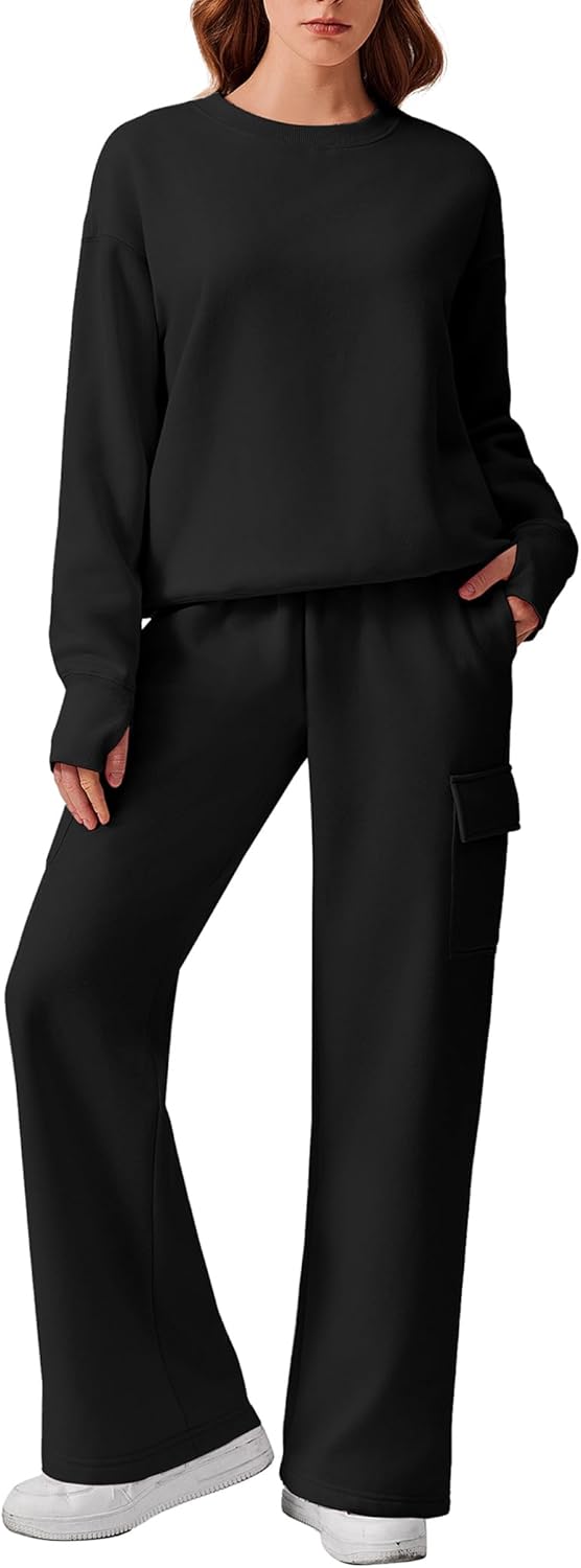 2-piece set fleece sweatsuit sweatshirt wide leg cargo sweatpants with pockets thumbhole