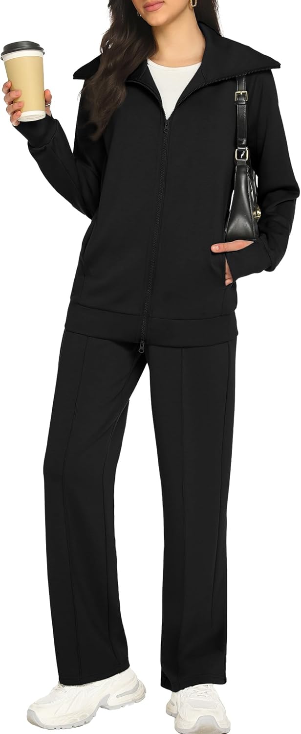 Women 2-piece sweatsuit set long sleeve double zipper sweatshirt track pants set - Image 2