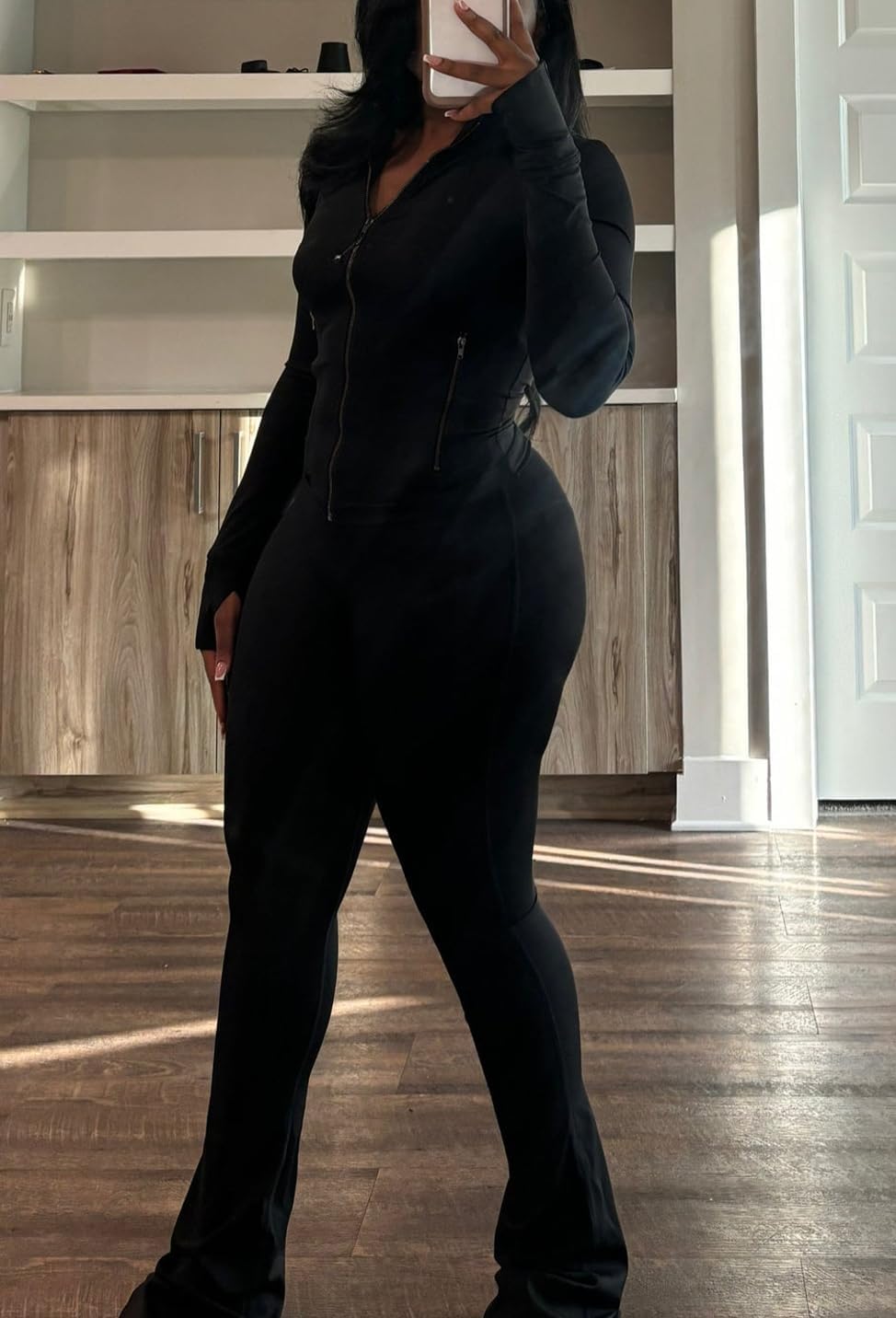Women Two Piece Outfits Fall Workout Zip Up Sweatshirt And Jogger Flare Yoga Pants Gym Sweat Suits 2 Piece Set - Image 2