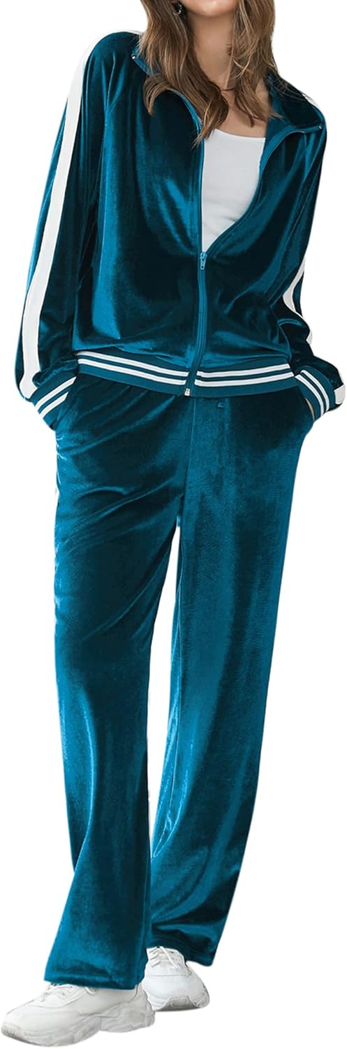 Women velvet tracksuit 2-piece lounge set zip sweatshirt and sweatpants with pockets