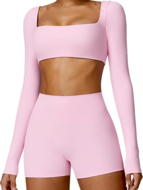 Workout Sets for Women 2 Piece Square Neck Long Sleeve Crop Tops High Waist Biker Shorts Gym Sets