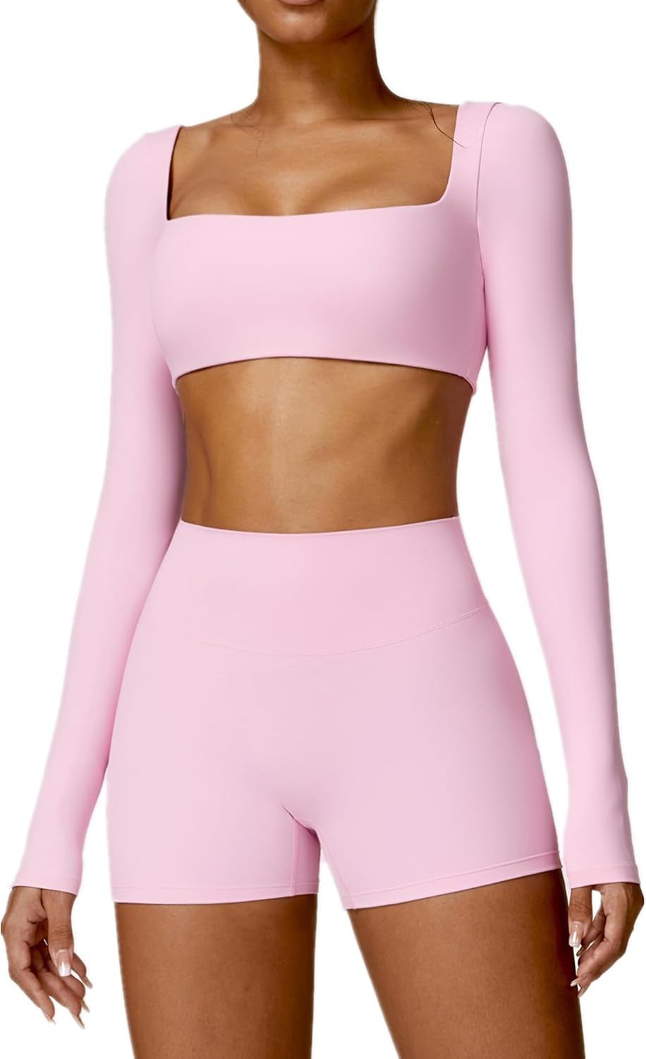 Workout Sets for Women 2 Piece Square Neck Long Sleeve Crop Tops High Waist Biker Shorts Gym Sets
