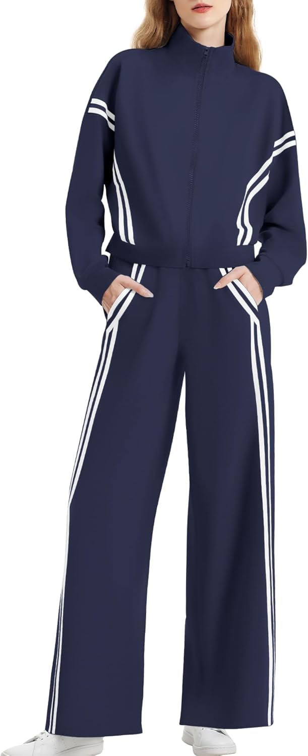 Women 2-piece lounge set zip sweatshirt striped wide leg jogger pants tracksuit