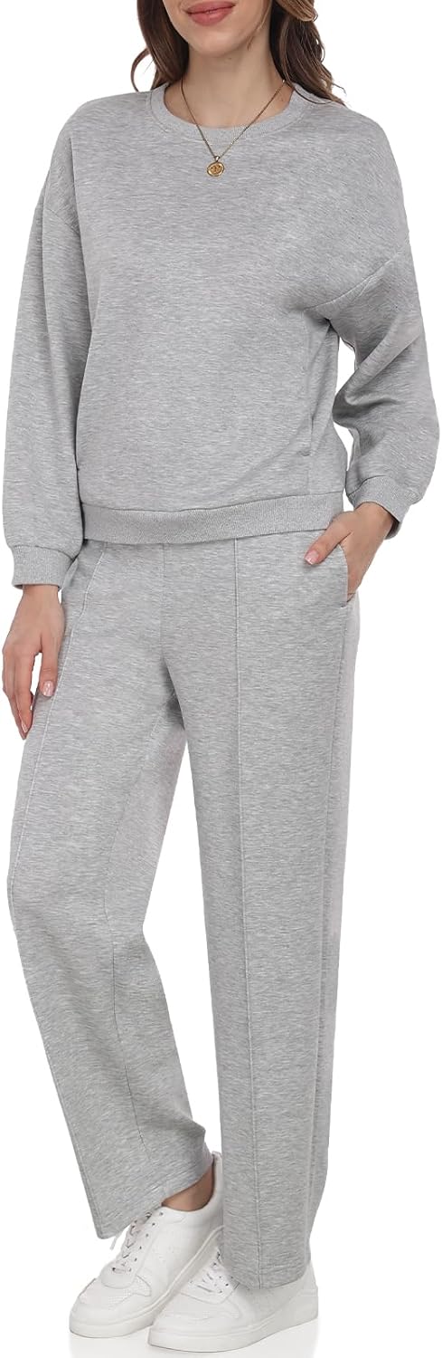 Women 2-piece outfit long sleeve pullover top with pocket and wide leg sweatpants