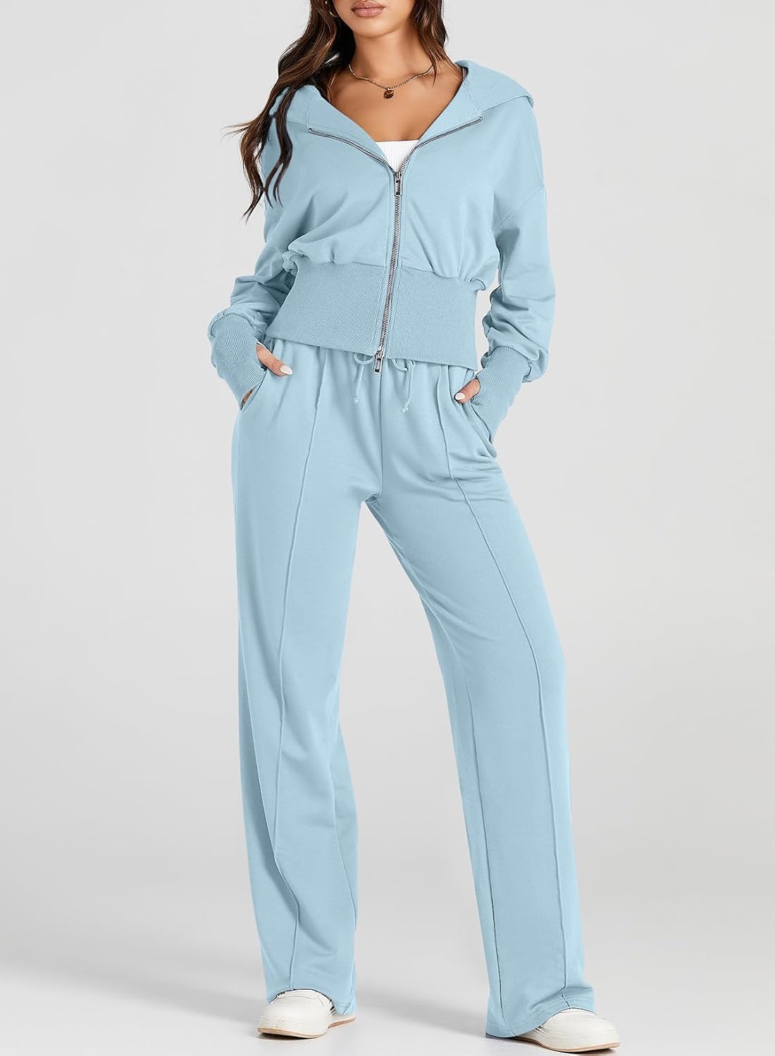 Women 2-piece casual hoodie sweatsuit set travel airport tracksuit lounge outfit - Image 2