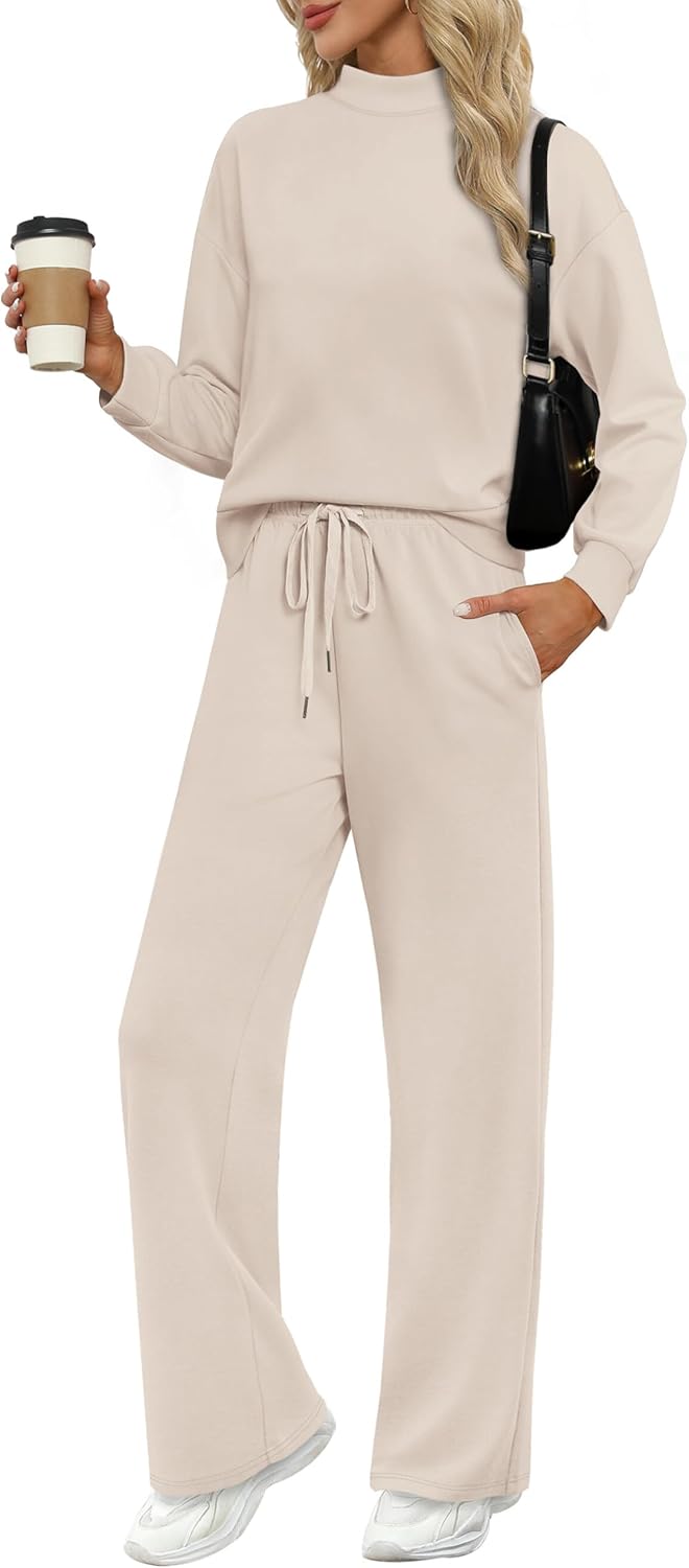 Two-piece set fall lounge outfit mock neck top wide leg pants travel set