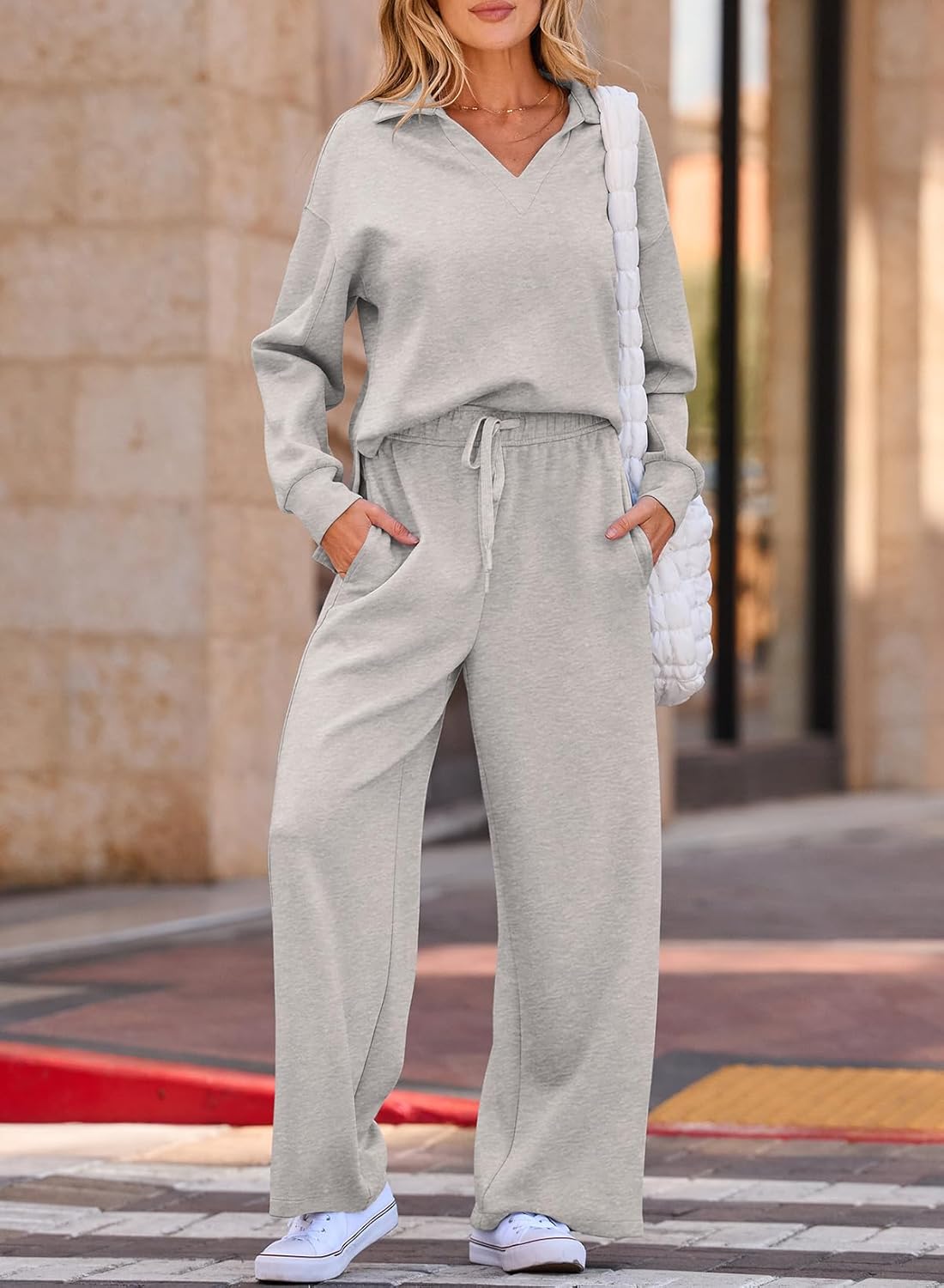 Two-piece lounge set v-neck sweatshirt and wide leg sweatpants matching outfit set - Image 2