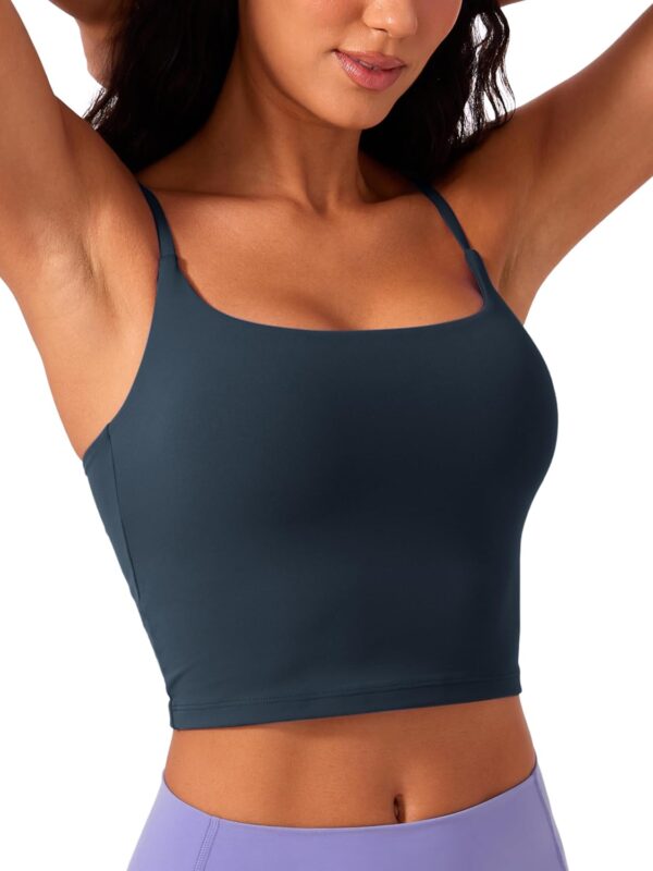 Women Scoop Neck Longline Sports Bra - U Back Adjustable Straps Workout Crop Tank Top with Built in Pads
