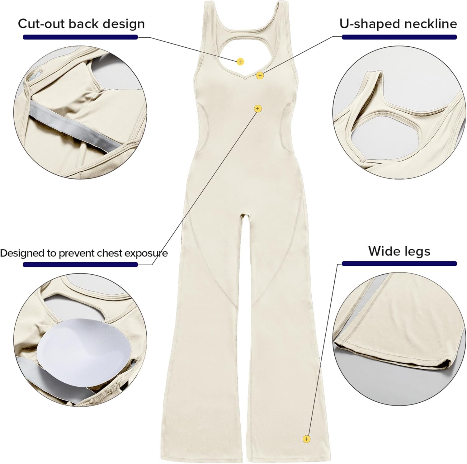 Women Flare Jumpsuit with Bra Tummy Control Cutout Romper Workout Outfit Sleeveless Unitard One Piece Backless Bodysuit - Image 2