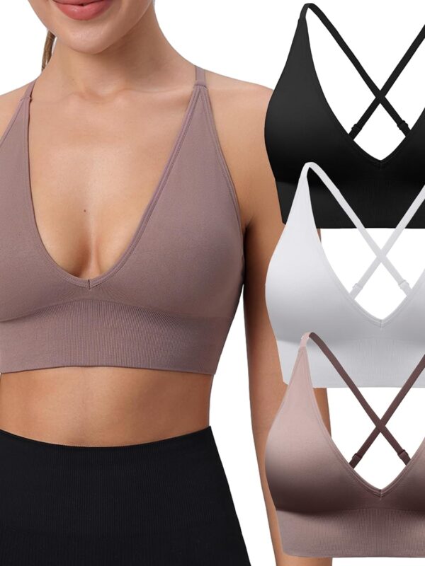 Women Sports Bras Adjustable Deep V Neck Bras Wireless Spaghetti Strap Criss Cross Padded Low Support Sexy Bras
