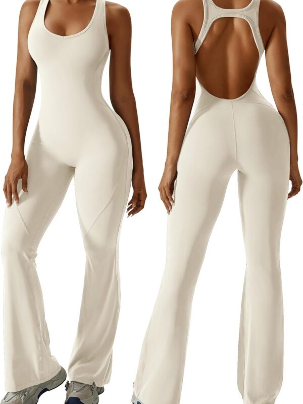 Women Flare Jumpsuit with Bra Tummy Control Cutout Romper Workout Outfit Sleeveless Unitard One Piece Backless Bodysuit