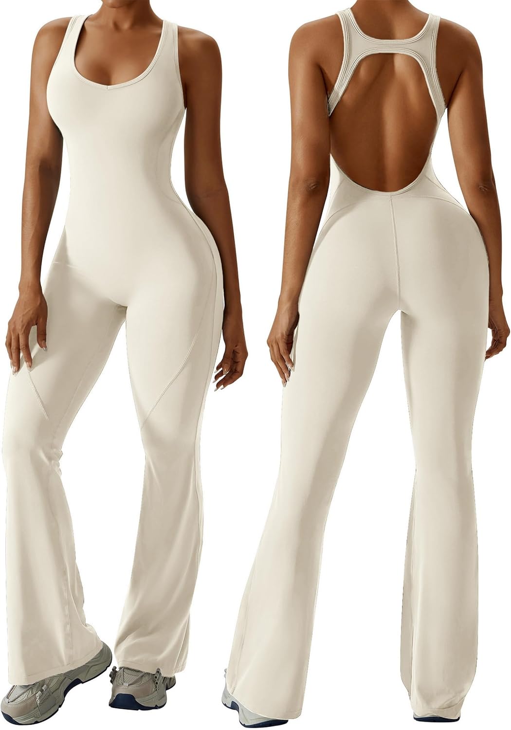 Women Flare Jumpsuit with Bra Tummy Control Cutout Romper Workout Outfit Sleeveless Unitard One Piece Backless Bodysuit