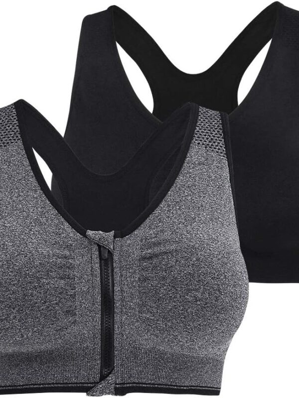 Women Zip Front Closure Sports Bra - Seamless Wirefree Post Surgery Zipper Padded Racerback Workout Gym Yoga Bras