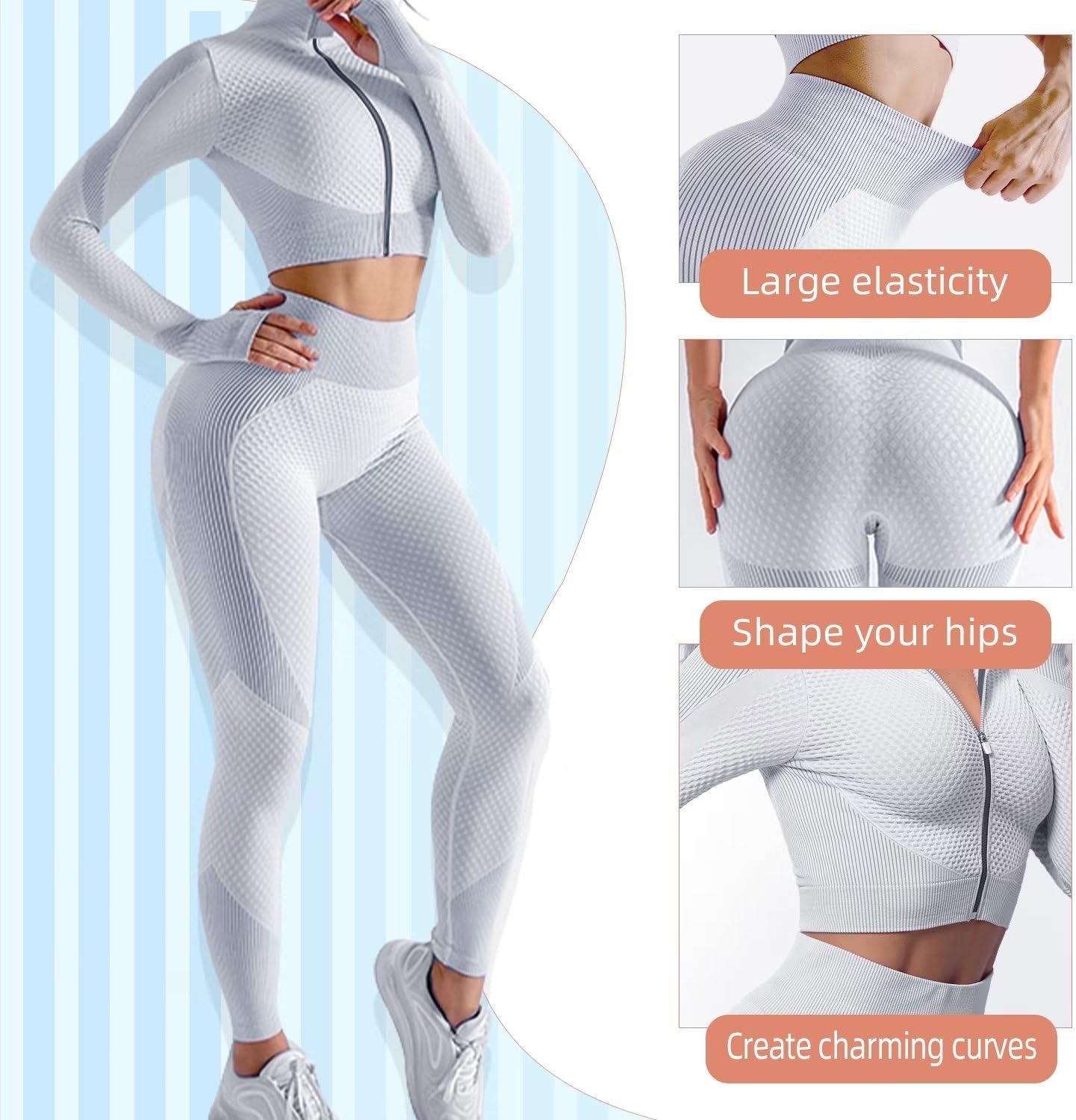 Women 3pcs Seamless Workout Outfits Sets, Yoga Sportswear Tracksuit Leggings and Stretch Sports Bra Fitness - Image 2