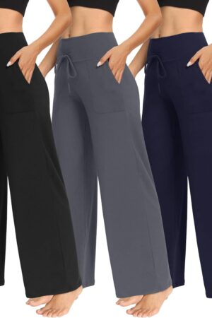 3 Pack Women Wide Leg Pants with Pockets - Casual Loose Yoga Trouser Pants Sweatpants Palazzo Lounge Pajama Pants