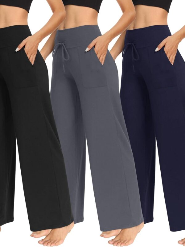 3 Pack Women Wide Leg Pants with Pockets - Casual Loose Yoga Trouser Pants Sweatpants Palazzo Lounge Pajama Pants