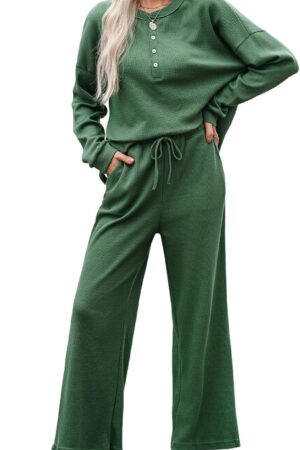 Women 2-piece outfit knit long sleeve button top and wide leg lounge pants set