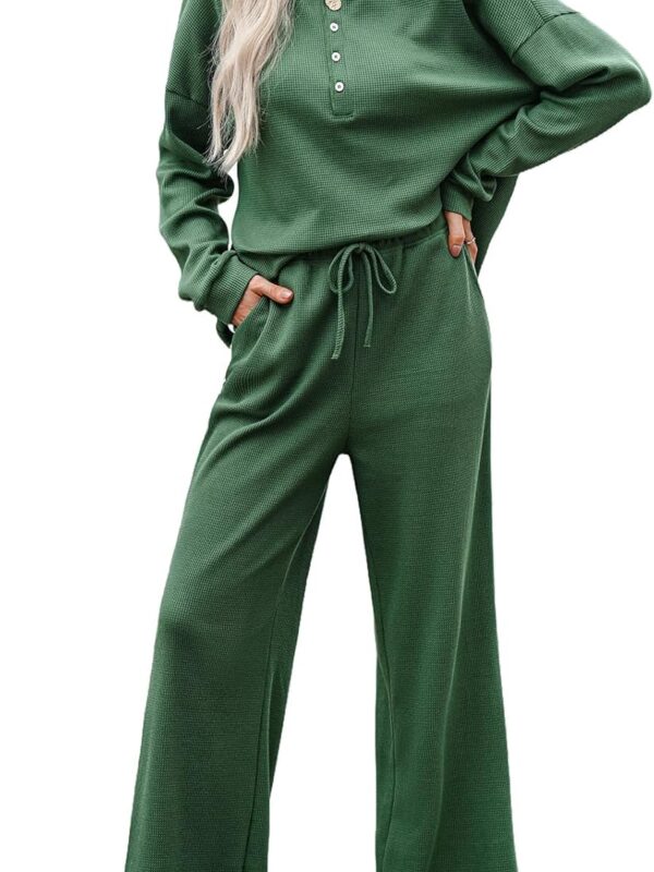 Women 2-piece outfit knit long sleeve button top and wide leg lounge pants set