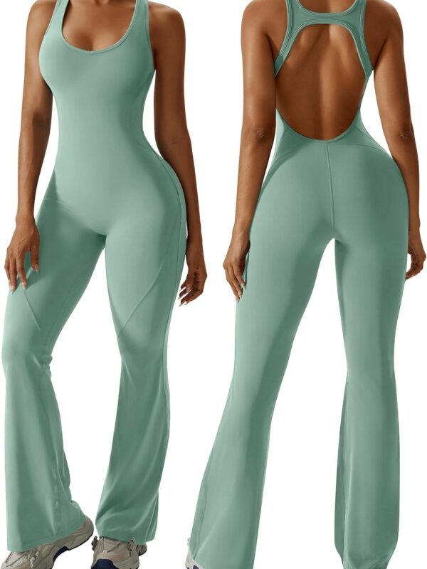 Women Flare Jumpsuit with Bra Tummy Control Cutout Romper Workout Outfit Sleeveless Unitard One Piece Backless Bodysuit