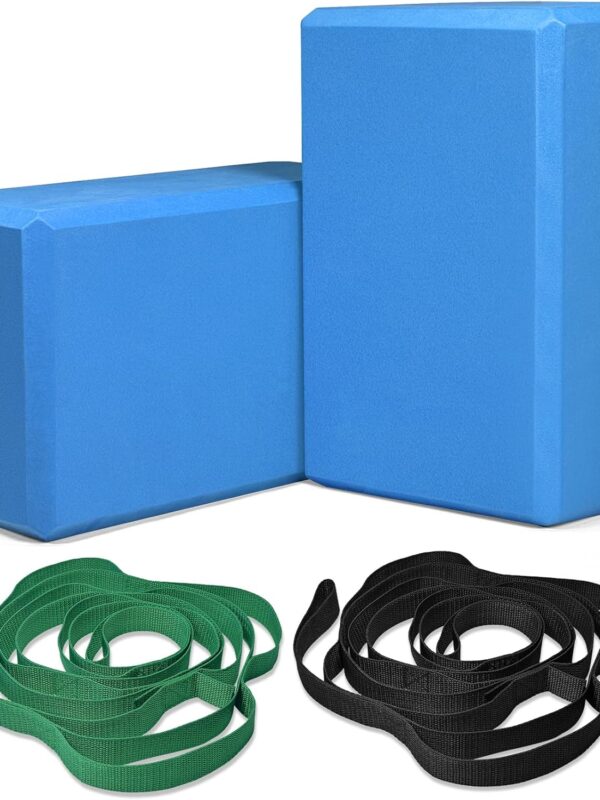 Yoga Blocks and Yoga Straps Set, 2 Large Yoga Blocks 9×6×4 inches, 2 Stretching Yoga Straps, Non-Slip Surface for Meditation, Balance, Pilates, Stretching and Deep Poses