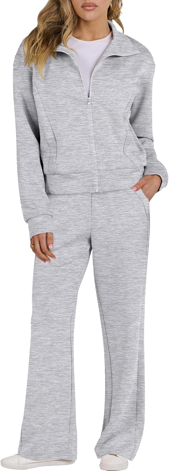 Women lounge set 2-piece sweatsuit zip sweatshirt wide leg pants matching set