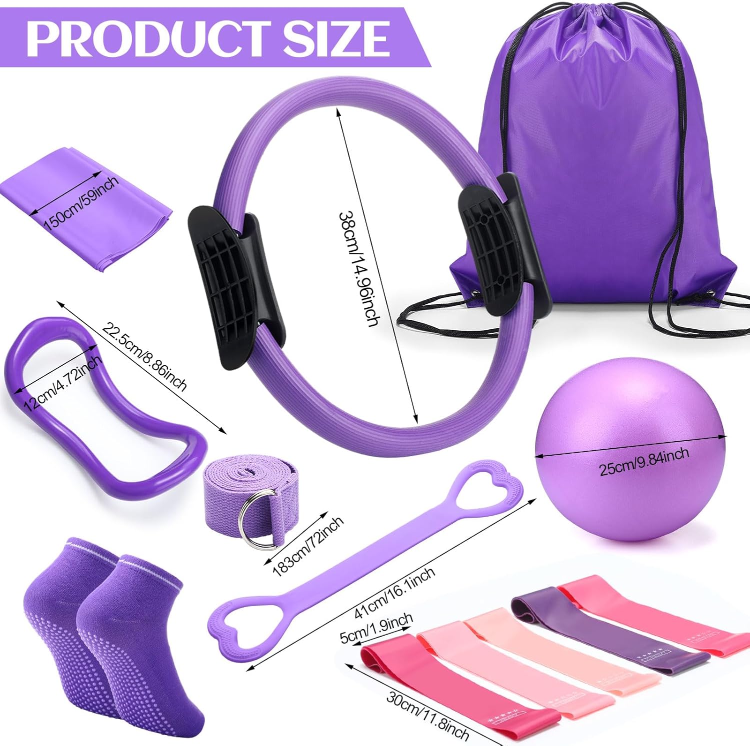 Pilates Ring Circle Set 18 Pcs Exercise Equipment Accessories for Women Workouts Pilates Ball Stretching Strap Magic Circle Yoga Ring Gym Back Bag Resistance Band Anti Slip Socks - Image 2