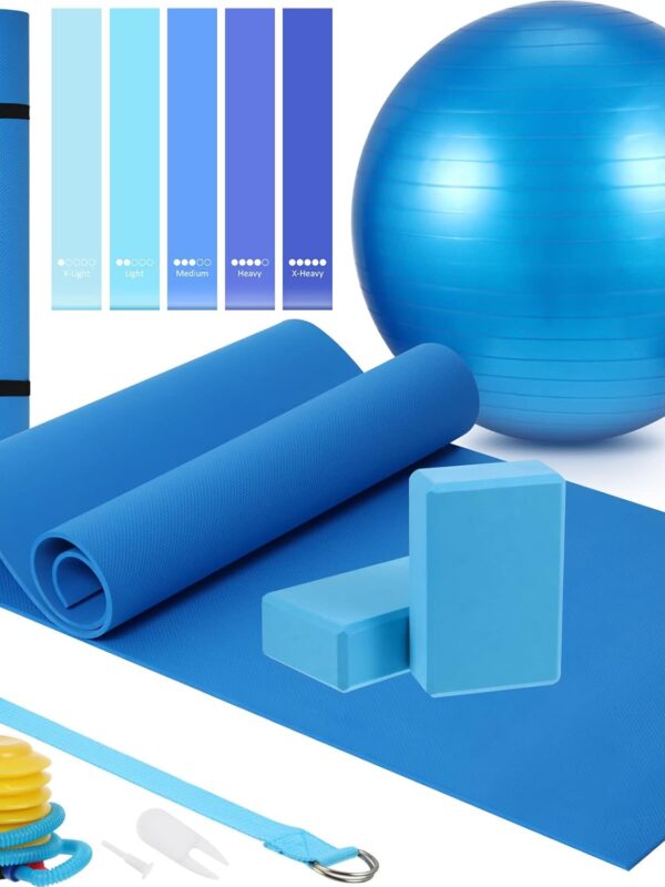 10 Pcs Yoga Starter Kit Include Yoga Mat with Carry Strap, 2 Yoga Blocks, Yoga Strap, Yoga Pilates Ball, 5 Resistance Bands with Air Pump Yoga Mat Set and Kit for Beginners Women and Men