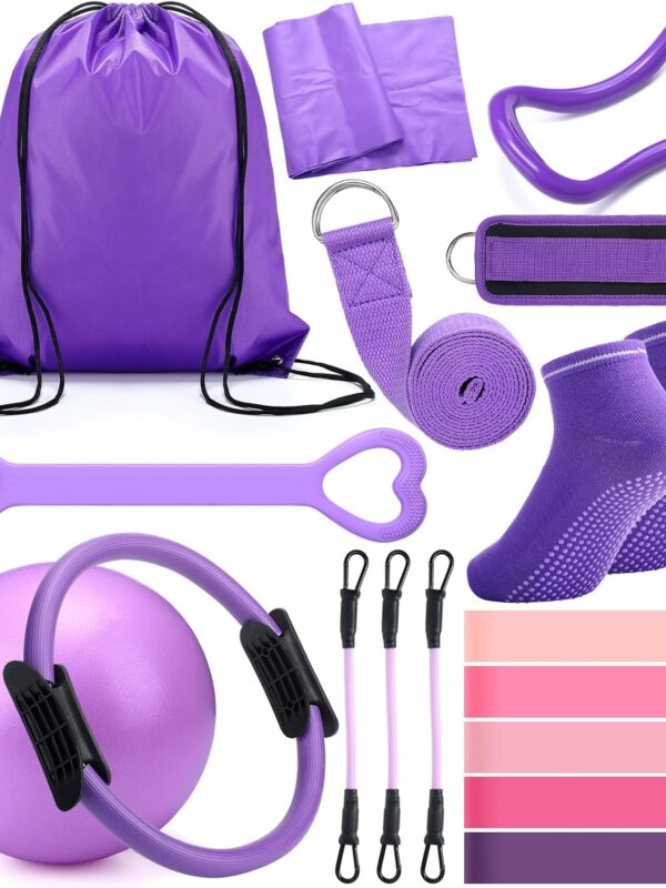 Pilates Ring Circle Set 18 Pcs Exercise Equipment Accessories for Women Workouts Pilates Ball Stretching Strap Magic Circle Yoga Ring Gym Back Bag Resistance Band Anti Slip Socks