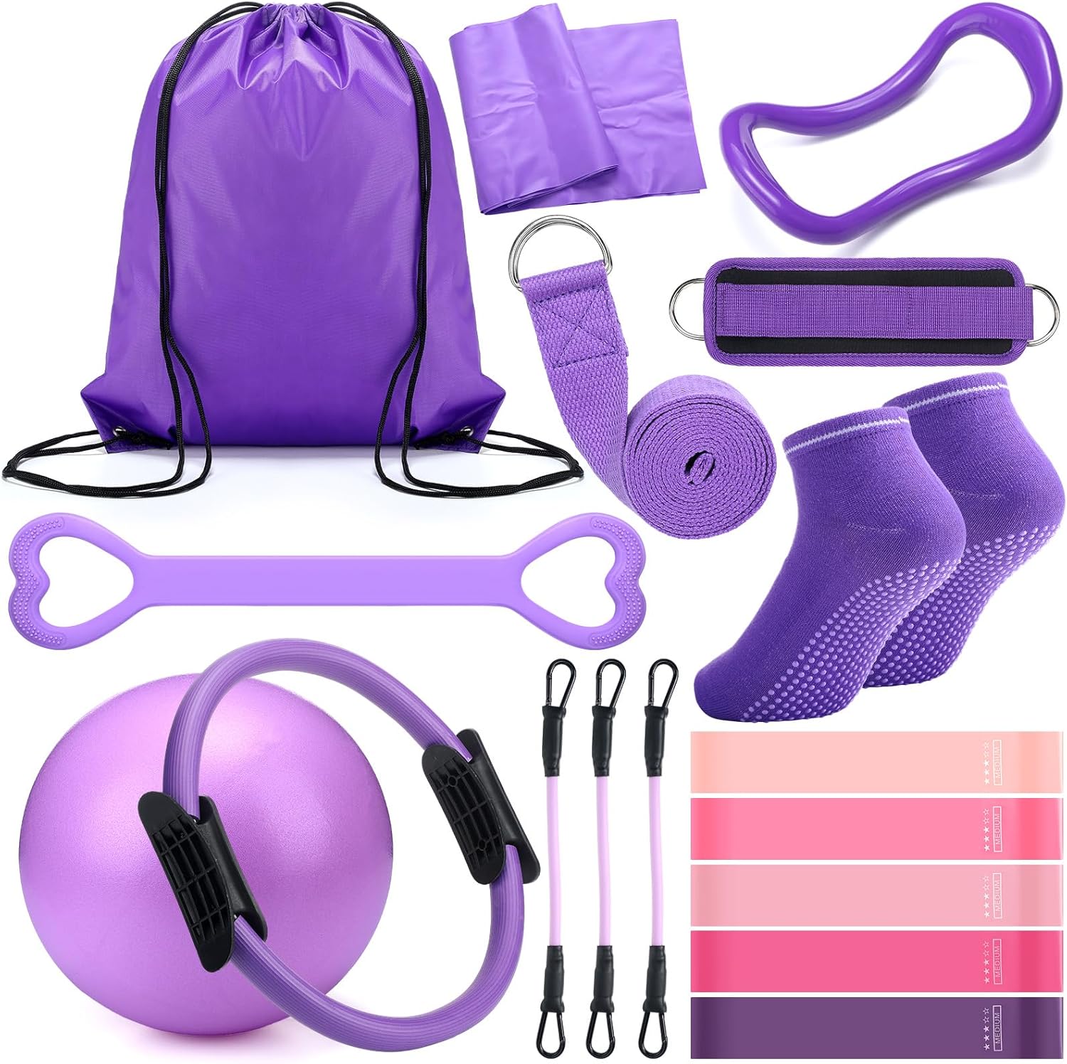 Pilates Ring Circle Set 18 Pcs Exercise Equipment Accessories for Women Workouts Pilates Ball Stretching Strap Magic Circle Yoga Ring Gym Back Bag Resistance Band Anti Slip Socks
