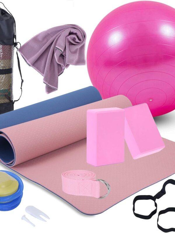 Yoga Starter Kit - 11-Piece Set with Yoga Blocks, Strap, Ball, Mat, Carrying Strap, Net Bag, Cooling Towel